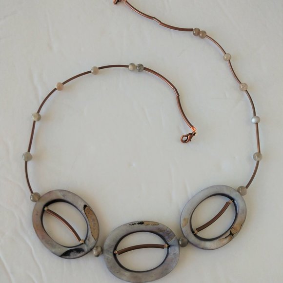 Handmade Gray And Brown Statement Necklace With Shells Agate Copper Plated Tubes - Picture 2 of 16